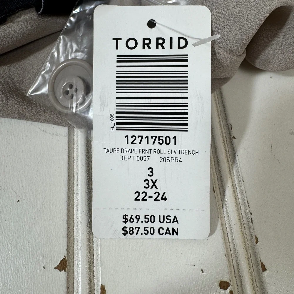 Torrid Trench Jacket Taupe Drape Front Roll Sleeve 3X 22-24 FLAW nwt Classic